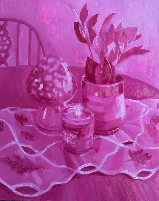 Still Life with Glass Mushroom - 20 x 16 inch original oil on panel