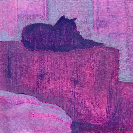 Tina on the Back of the Couch - original 4 x 4 inch oil on wood panel