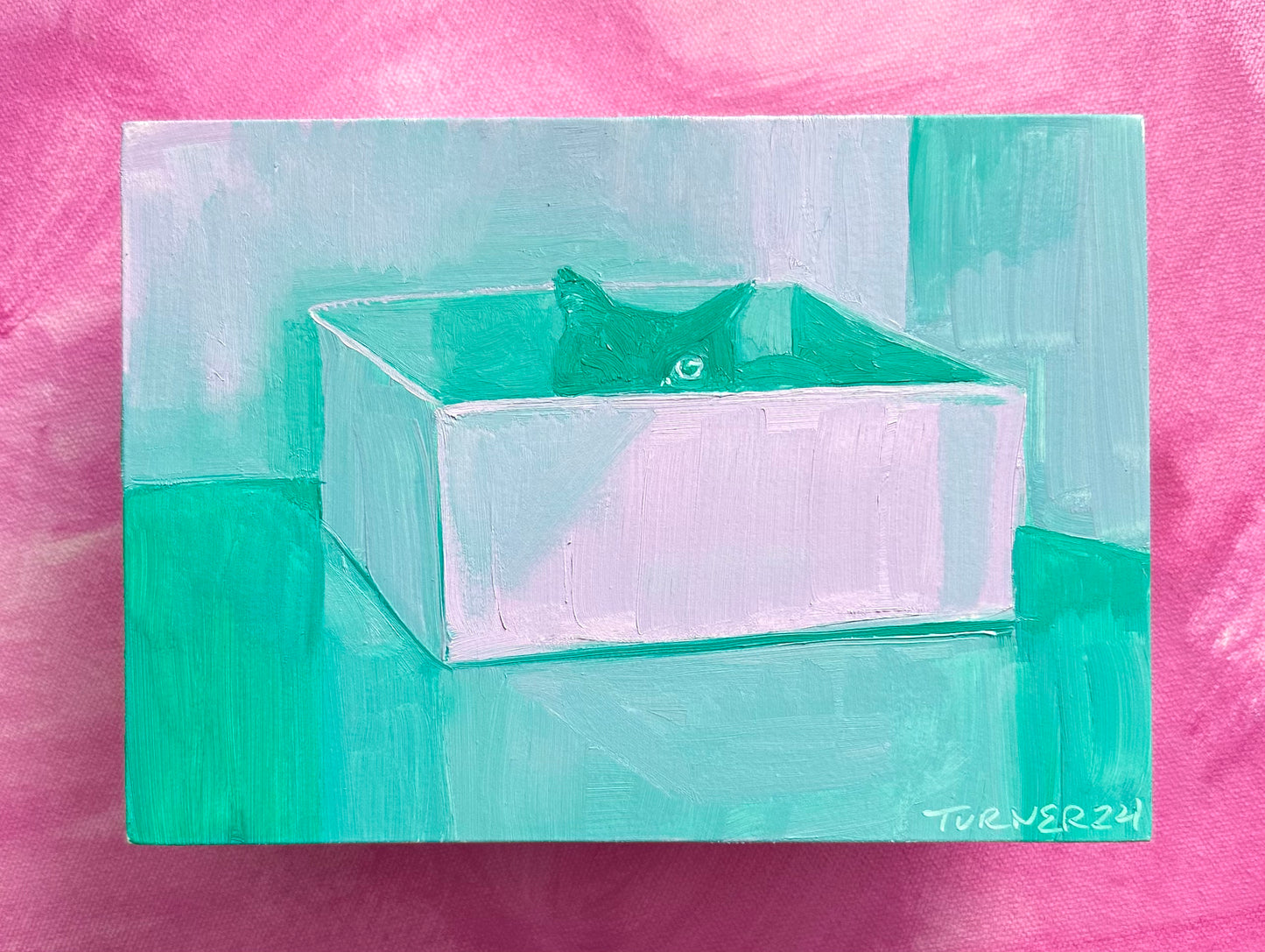 Petsmart Box Cat - 5 x 7 inch original oil painting on panel