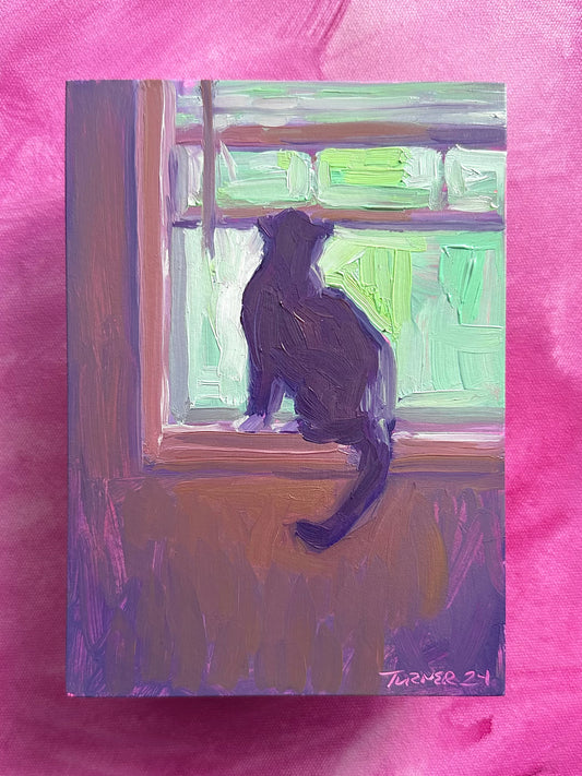 Pokie in the Window - 7 x 5 inch original oil painting on panel